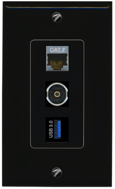 CAT7 TOSLINK USB-3 Wall Plate [Black]