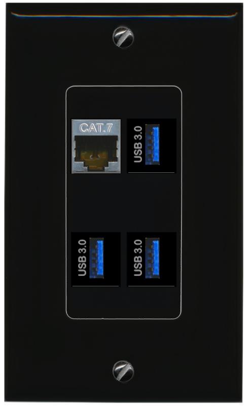 RiteAV CAT7 3 USB-3 Wall Plate Decorative [Black]