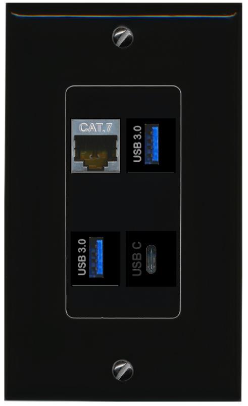 RiteAV CAT7 2 USB-3 USBC Wall Plate Decorative [Black]