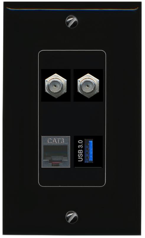 RiteAV 2 COAX PHONE USB-3 Wall Plate Decorative [Black]