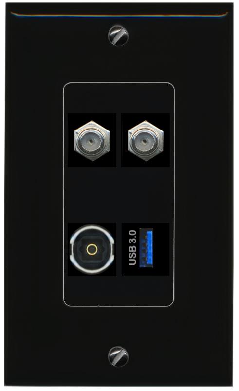 RiteAV 2 COAX TOSLINK USB-3 Wall Plate Decorative [Black]