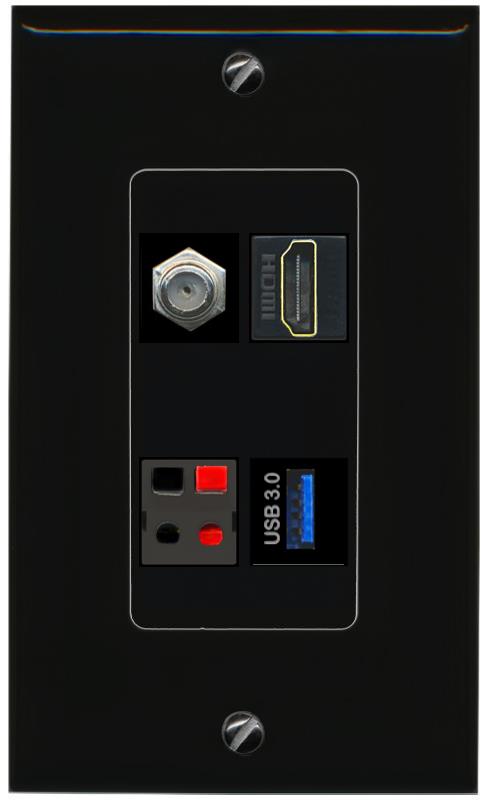 RiteAV COAX HDMI SPEAKER USB-3 Wall Plate Decorative [Black]