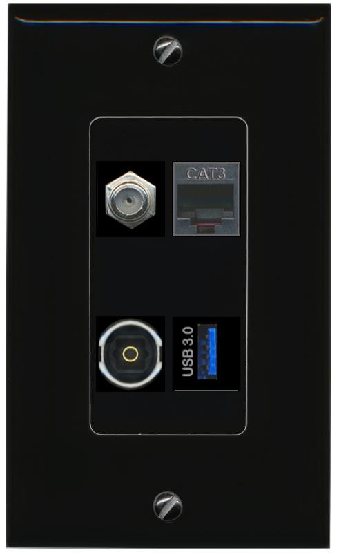 RiteAV COAX PHONE TOSLINK USB-3 Wall Plate Decorative [Black]