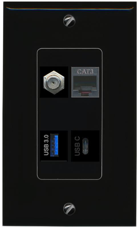 RiteAV COAX PHONE USB-3 USBC Wall Plate Decorative [Black]
