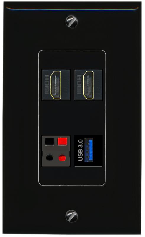 RiteAV 2 HDMI SPEAKER USB-3 Wall Plate Decorative [Black]