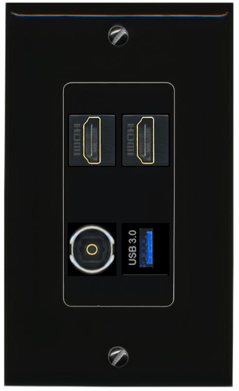 RiteAV 2 HDMI TOSLINK USB-3 Wall Plate Decorative [Black]