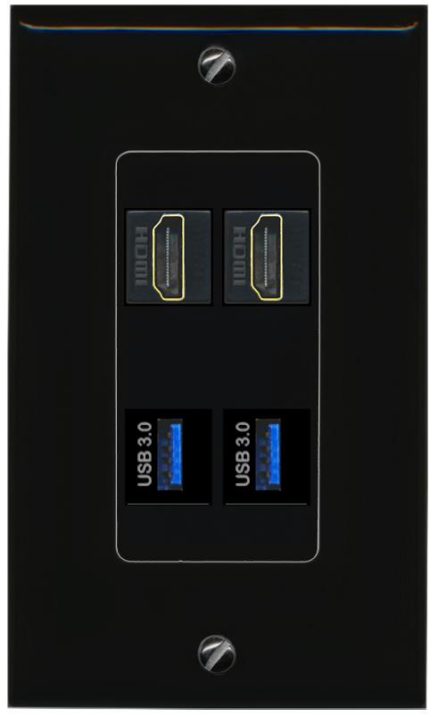 RiteAV 2 HDMI 2 USB-3 Wall Plate Decorative [Black]