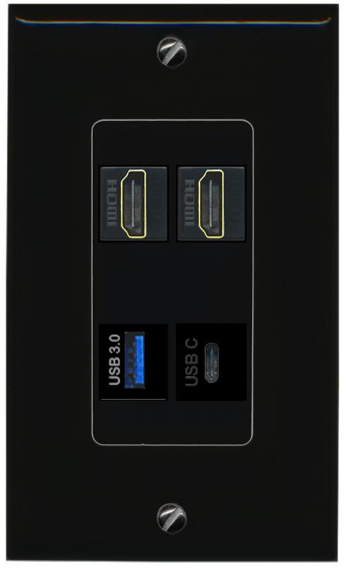 RiteAV 2 HDMI USB-3 USBC Wall Plate Decorative [Black]