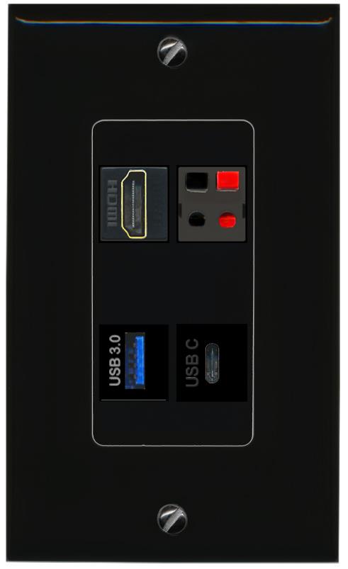 RiteAV HDMI SPEAKER USB-3 USBC Wall Plate Decorative [Black]