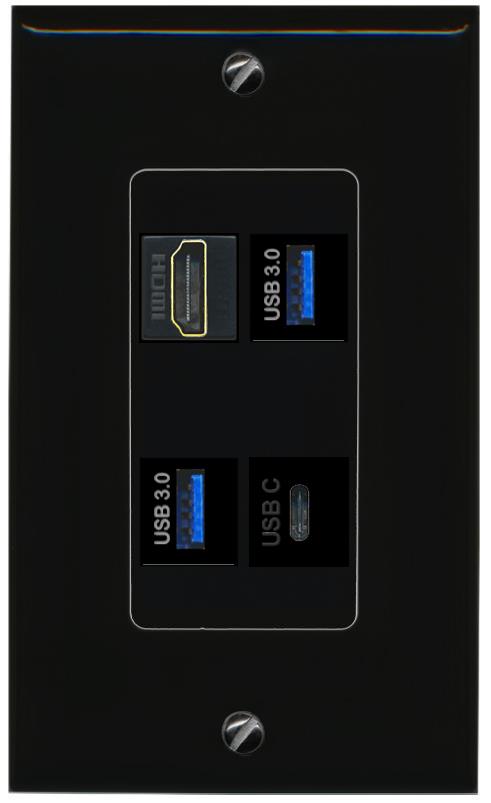 RiteAV HDMI 2 USB-3 USBC Wall Plate Decorative [Black]