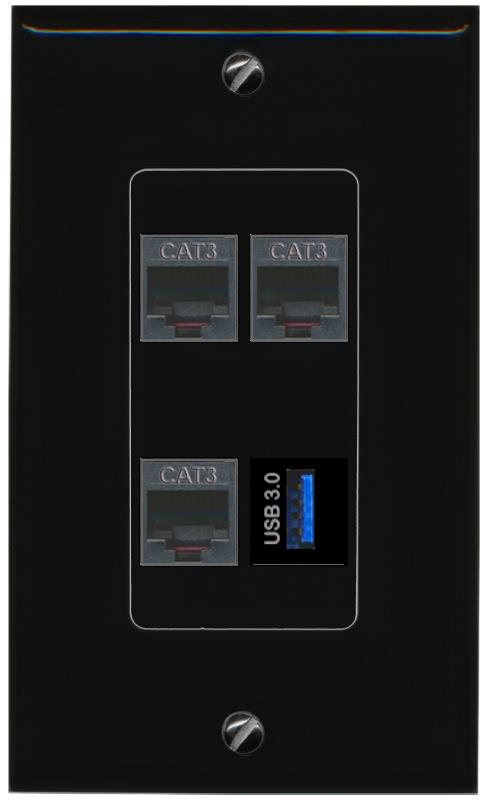 RiteAV 3 PHONE USB-3 Wall Plate Decorative [Black]