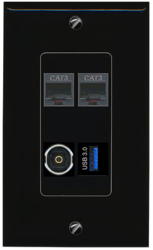RiteAV 2 PHONE TOSLINK USB-3 Wall Plate Decorative [Black]