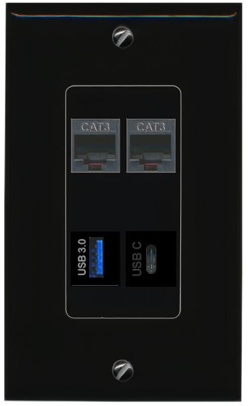 RiteAV 2 PHONE USB-3 USBC Wall Plate Decorative [Black]