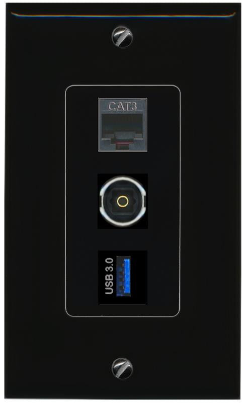 PHONE TOSLINK USB-3 Wall Plate [Black]