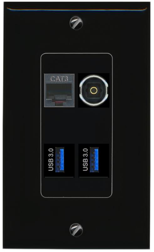 RiteAV PHONE TOSLINK 2 USB-3 Wall Plate Decorative [Black]