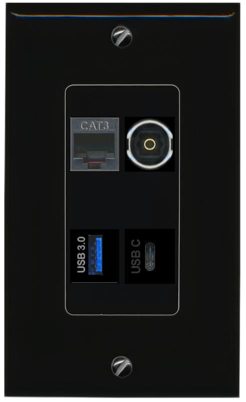 RiteAV PHONE TOSLINK USB-3 USBC Wall Plate Decorative [Black]
