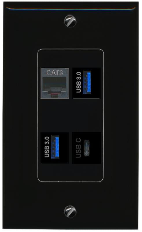 RiteAV PHONE 2 USB-3 USBC Wall Plate Decorative [Black]