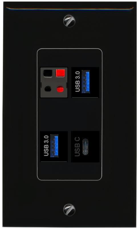 RiteAV SPEAKER 2 USB-3 USBC Wall Plate Decorative [Black]