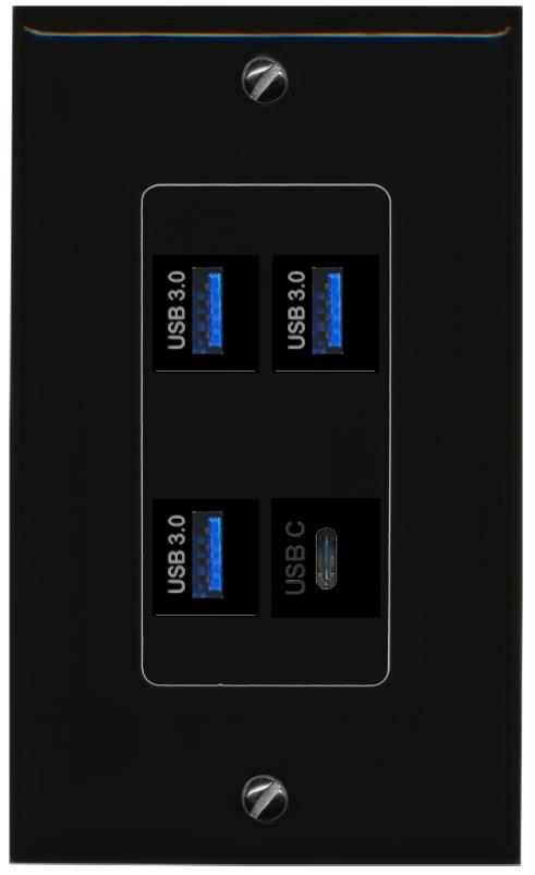 RiteAV 3 USB-3 USBC Wall Plate Decorative [Black]