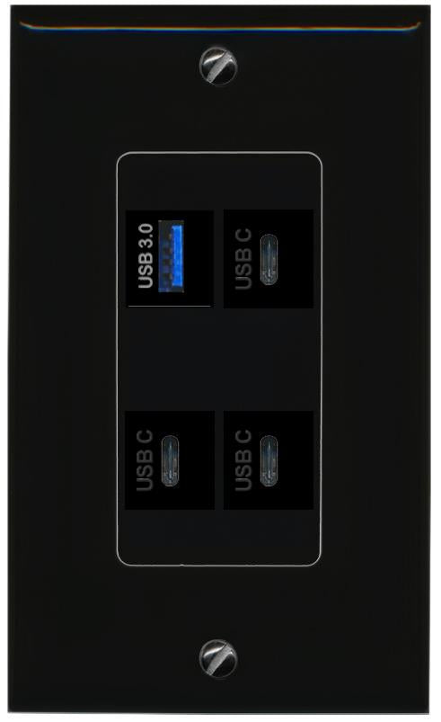 RiteAV USB-3 3 USBC Wall Plate Decorative [Black]