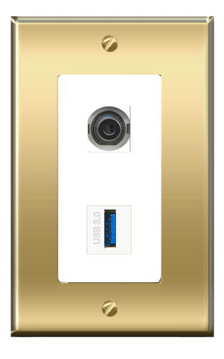 RiteAV -RiteAV 3.5mm USB-3 Wall Plate Decorative [Brass/White]