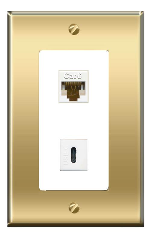 RiteAV -RiteAV CAT6 USBC Wall Plate Decorative [Brass/White]