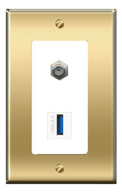 RiteAV -RiteAV COAX USB-3 Wall Plate Decorative [Brass/White]