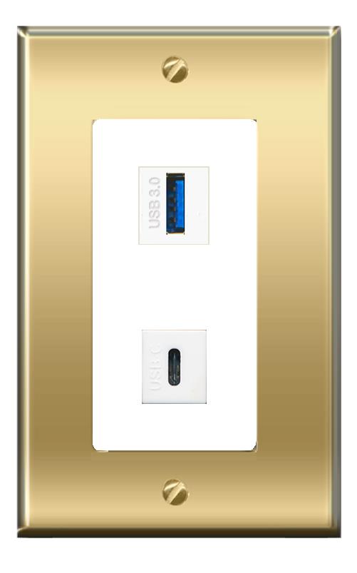 RiteAV -RiteAV USB-3 USBC Wall Plate Decorative [Brass/White]