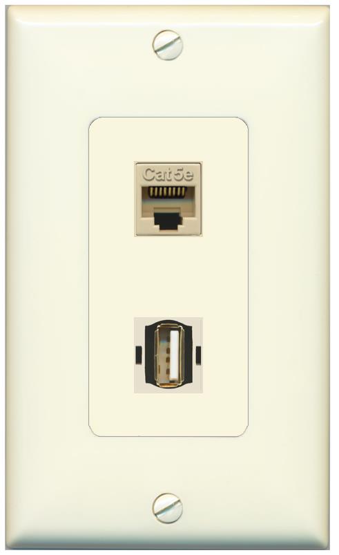 1 CAT5E 1 USB2 Wall Plate [Light-almond]
