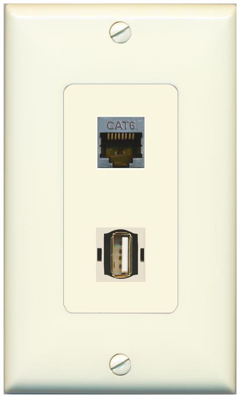 1 CAT6-SHIELDED 1 USB2 Wall Plate [Light-almond]