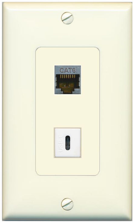 1 CAT6-SHIELDED 1 USBC Wall Plate [Light-almond]