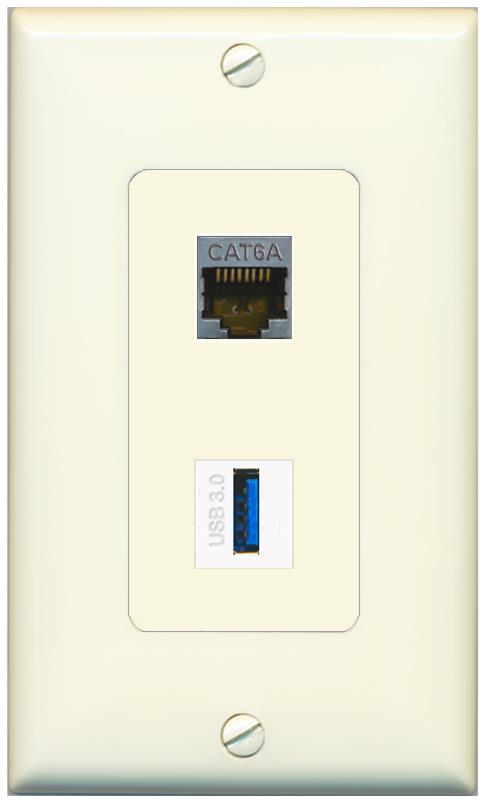 1 CAT6A 1 USB-3 Wall Plate [Light-almond]
