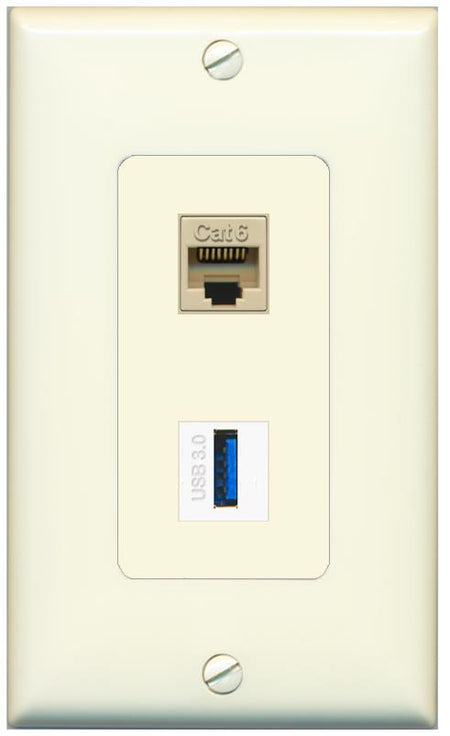 1 CAT6 1 USB-3 Wall Plate [Light-almond]