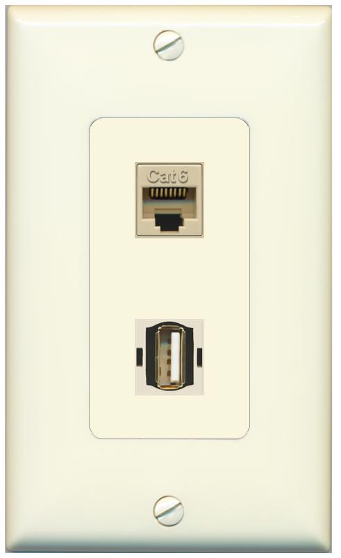 1 CAT6 1 USB2 Wall Plate [Light-almond]