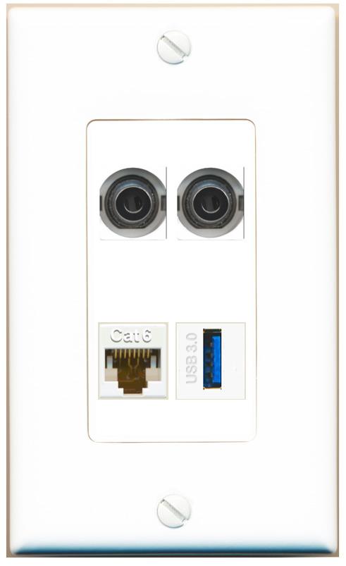 RiteAV 2 3.5mm CAT6 USB-3 Wall Plate [White]