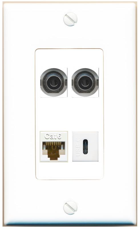 RiteAV 2 3.5mm CAT6 USBC Wall Plate [White]