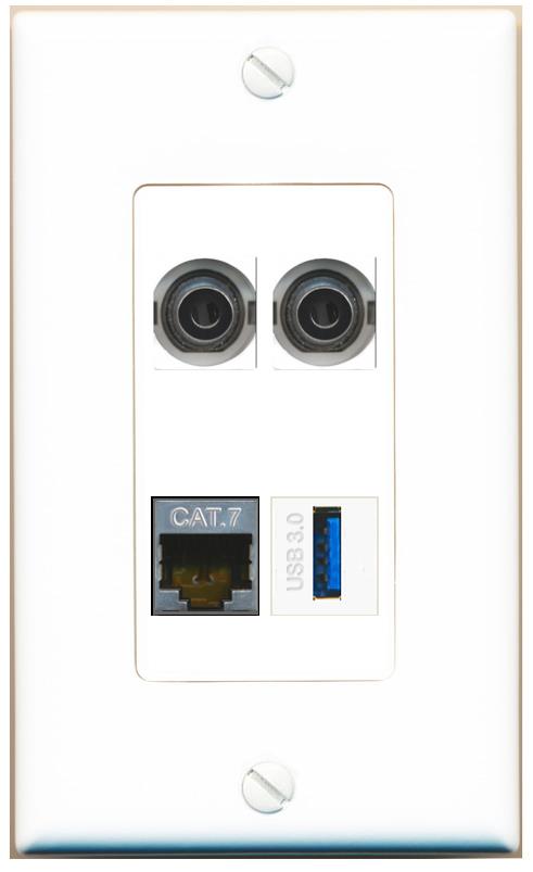 RiteAV 2 3.5mm CAT7 USB-3 Wall Plate [White]