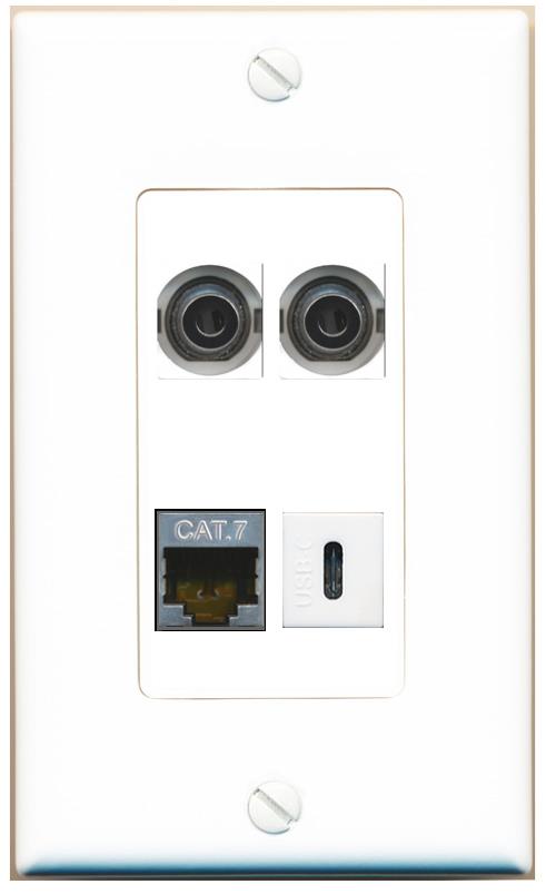 RiteAV 2 3.5mm CAT7 USBC Wall Plate [White]