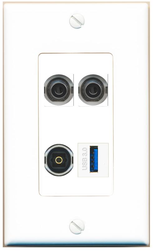 RiteAV 2 3.5mm TOSLINK USB-3 Wall Plate [White]