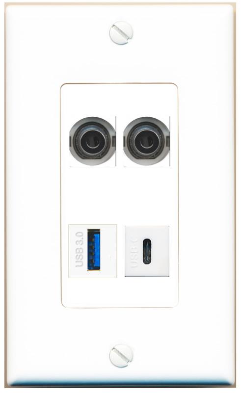 RiteAV 2 3.5mm USB-3 USBC Wall Plate [White]