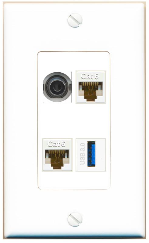 RiteAV 3.5mm 2 CAT6 USB-3 Wall Plate [White]