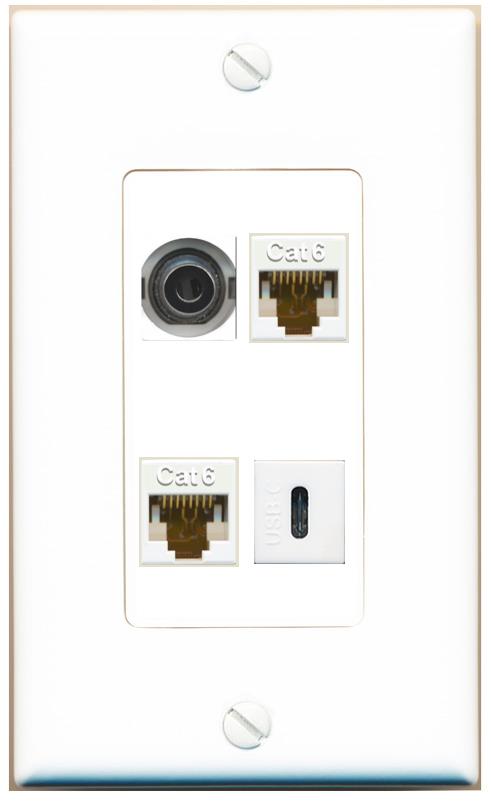 RiteAV 3.5mm 2 CAT6 USBC Wall Plate [White]