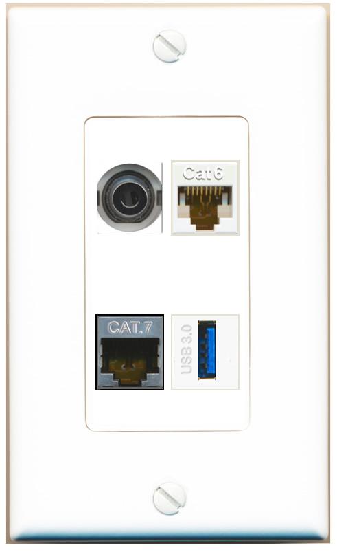 RiteAV 3.5mm CAT6 CAT7 USB-3 Wall Plate [White]