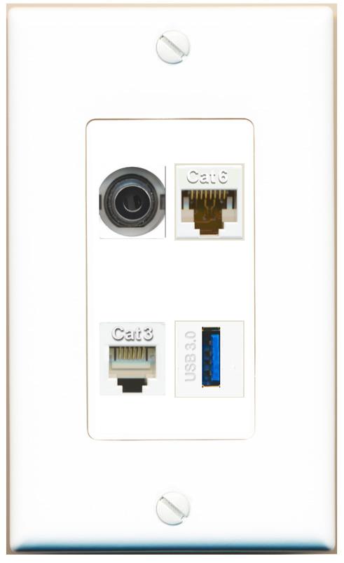 RiteAV 3.5mm CAT6 PHONE USB-3 Wall Plate [White]