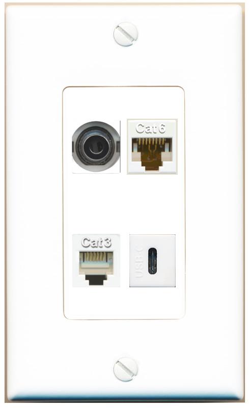 RiteAV 3.5mm CAT6 PHONE USBC Wall Plate [White]