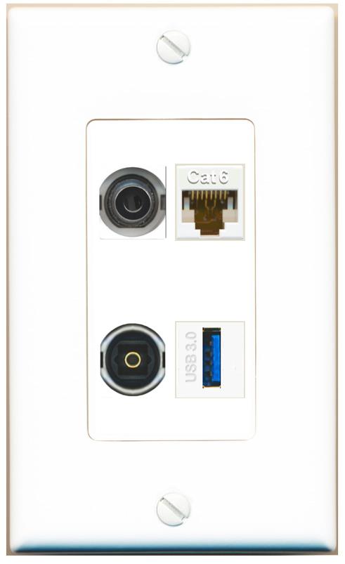 RiteAV 3.5mm CAT6 TOSLINK USB-3 Wall Plate [White]