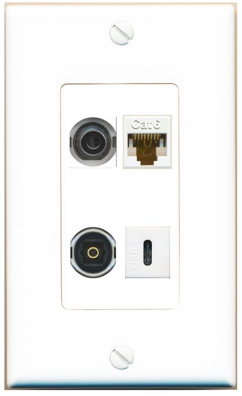 RiteAV 3.5mm CAT6 TOSLINK USBC Wall Plate [White]