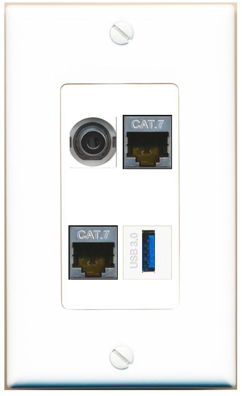 RiteAV 3.5mm 2 CAT7 USB-3 Wall Plate [White]