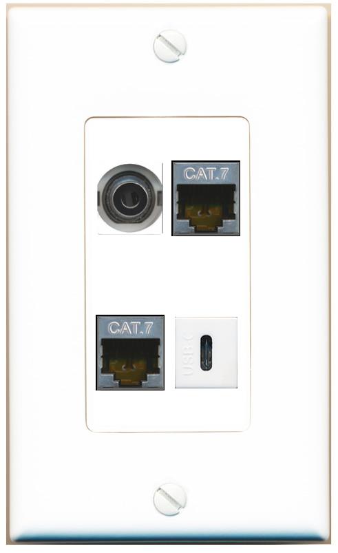 RiteAV 3.5mm 2 CAT7 USBC Wall Plate [White]