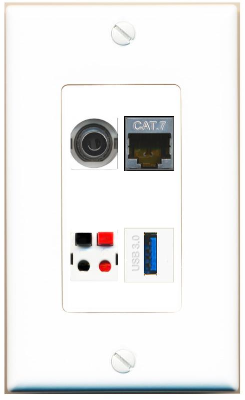 RiteAV 3.5mm CAT7 SPEAKER USB-3 Wall Plate [White]